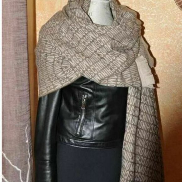 Moschino Logo Wool Scarf Shawl Women's Brown - Picture 10 of 10